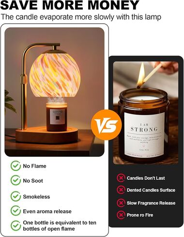 WanshengLe Stained Glass Candle Warmer Lamp Adjustable Height, 7-Level Dimmable Brightness with 2/4/8H Timer, Candle Warmer Light with 2 Bulbs for Women Mom Scented Jar Candles - Gold in Saudi Arabia