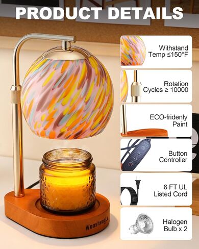 WanshengLe Stained Glass Candle Warmer Lamp Adjustable Height, 7-Level Dimmable Brightness with 2/4/8H Timer, Candle Warmer Light with 2 Bulbs for Women Mom Scented Jar Candles - Gold in Saudi Arabia