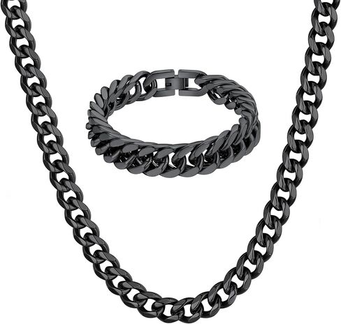 ChainsHouse Black Mens Cuban Bracelet 12mm 21cm and Miami Cuban Chain 6mm 18 Inch in Kuwait