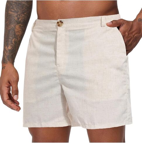 Oymyakon Mens 6 Inch Cotton Linen Shorts Casual Elastic Waist Summer Beach Vacation Flat Front Shorts with Pockets in Saudi Arabia