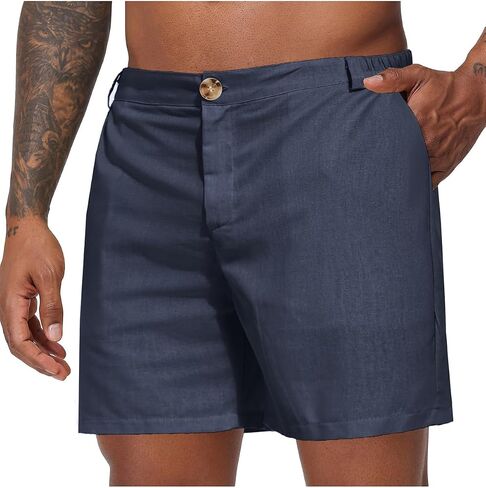 Oymyakon Mens 6 Inch Cotton Linen Shorts Casual Elastic Waist Summer Beach Vacation Flat Front Shorts with Pockets in Saudi Arabia