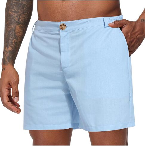 Oymyakon Mens 6 Inch Cotton Linen Shorts Casual Elastic Waist Summer Beach Vacation Flat Front Shorts with Pockets in Saudi Arabia