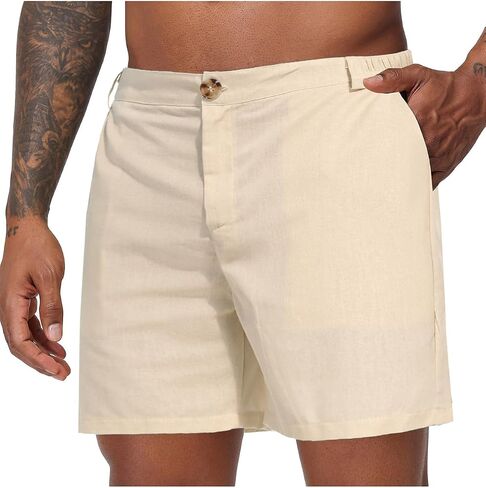 Oymyakon Mens 6 Inch Cotton Linen Shorts Casual Elastic Waist Summer Beach Vacation Flat Front Shorts with Pockets in Saudi Arabia
