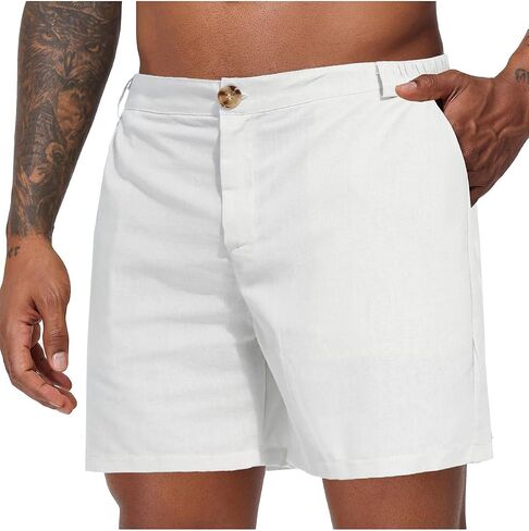 Oymyakon Mens 6 Inch Cotton Linen Shorts Casual Elastic Waist Summer Beach Vacation Flat Front Shorts with Pockets in Saudi Arabia