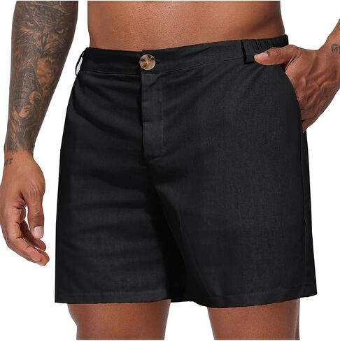 Oymyakon Mens 6 Inch Cotton Linen Shorts Casual Elastic Waist Summer Beach Vacation Flat Front Shorts with Pockets in Saudi Arabia