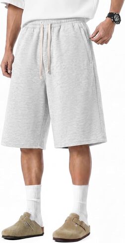 Baggy Sweat Shorts Men Wide Leg, Cotton Gym Shorts Zipper Pocket Long Below Knee, Oversized Loose Y2K Casual Athletic in Saudi Arabia