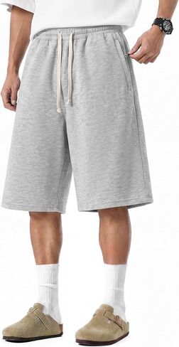 Baggy Sweat Shorts Men Wide Leg, Cotton Gym Shorts Zipper Pocket Long Below Knee, Oversized Loose Y2K Casual Athletic in Saudi Arabia