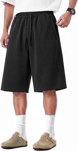 Baggy Sweat Shorts Men Wide Leg, Cotton Gym Shorts Zipper Pocket Long Below Knee, Oversized Loose Y2K Casual Athletic in Saudi Arabia