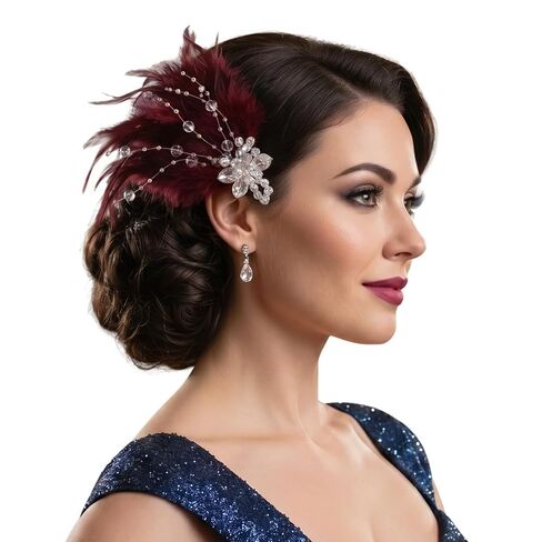 Roaring 1920s Art Deco Feather Headpiece | Gatsby Women’s Hair Accessory, Vintage Fashion Headpiece, Perfect for Tea Parties, Cocktail Parties, Weddings, and Various Occasions.(Burgundy) in Kuwait
