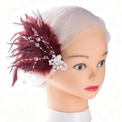 Roaring 1920s Art Deco Feather Headpiece | Gatsby Women’s Hair Accessory, Vintage Fashion Headpiece, Perfect for Tea Parties, Cocktail Parties, Weddings, and Various Occasions.(Burgundy) in Kuwait