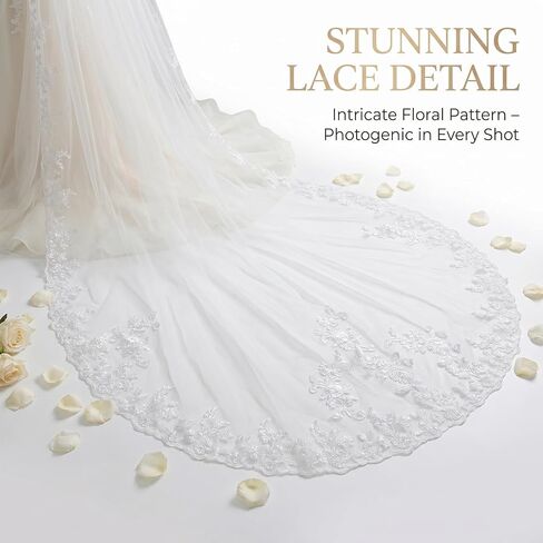 118" Cathedral 1 Tier Soft Tulle Long Wedding Veil with Metal Comb for Women, Bride, Wedding Ceremony, White in Saudi Arabia