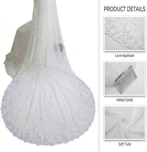 118" Cathedral 1 Tier Soft Tulle Long Wedding Veil with Metal Comb for Women, Bride, Wedding Ceremony, White in Saudi Arabia