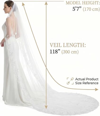 118" Cathedral 1 Tier Soft Tulle Long Wedding Veil with Metal Comb for Women, Bride, Wedding Ceremony, White in Saudi Arabia