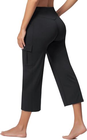 Casei Women's Capris with 5 Pockets, High Waisted Non-Slip Crossover Cargo Yoga Pants, 21" Straight Leg Workout Crop Trousers in Saudi Arabia