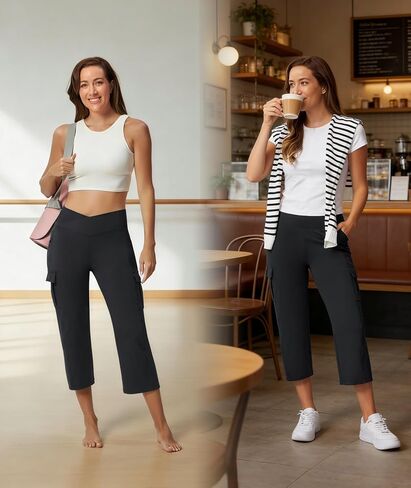 Casei Women's Capris with 5 Pockets, High Waisted Non-Slip Crossover Cargo Yoga Pants, 21" Straight Leg Workout Crop Trousers in Saudi Arabia