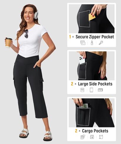 Casei Women's Capris with 5 Pockets, High Waisted Non-Slip Crossover Cargo Yoga Pants, 21" Straight Leg Workout Crop Trousers in Saudi Arabia