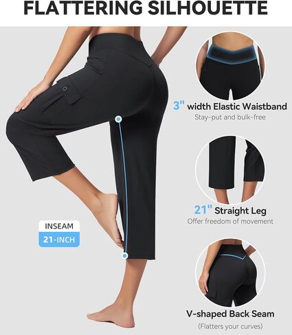 Casei Women's Capris with 5 Pockets, High Waisted Non-Slip Crossover Cargo Yoga Pants, 21" Straight Leg Workout Crop Trousers in Saudi Arabia