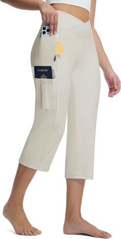 Casei Women's Capris with 5 Pockets, High Waisted Non-Slip Crossover Cargo Yoga Pants, 21" Straight Leg Workout Crop Trousers in Saudi Arabia