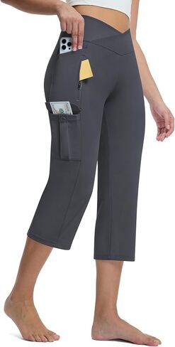 Casei Women's Capris with 5 Pockets, High Waisted Non-Slip Crossover Cargo Yoga Pants, 21" Straight Leg Workout Crop Trousers in Saudi Arabia
