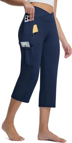 Casei Women's Capris with 5 Pockets, High Waisted Non-Slip Crossover Cargo Yoga Pants, 21" Straight Leg Workout Crop Trousers in Saudi Arabia