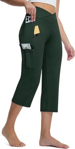 Casei Women's Capris with 5 Pockets, High Waisted Non-Slip Crossover Cargo Yoga Pants, 21" Straight Leg Workout Crop Trousers in Saudi Arabia