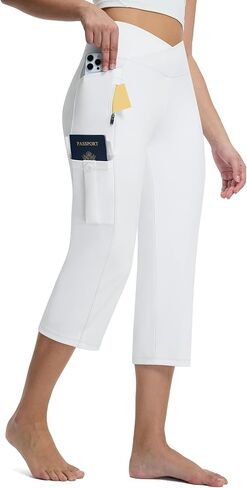 Casei Women's Capris with 5 Pockets, High Waisted Non-Slip Crossover Cargo Yoga Pants, 21" Straight Leg Workout Crop Trousers in Saudi Arabia