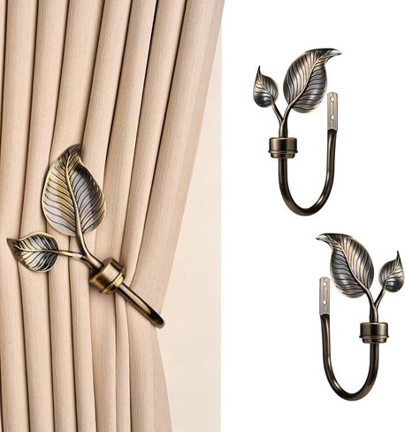 SUQ I OME Vintage Leaf Shaped Curtain Holdbacks, 2 Piece Handmade Metal Wall Mounted Tieback Hooks for Drapes, Bronze Window Treatment Holders, Home Decorative,Bronze in Kuwait