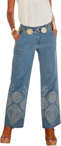 LASCANA Women's Embroidered Wide Leg Jeans - Mid-Rise, White Embroidery, Button Zipper Closure, Stretch Denim in Kuwait