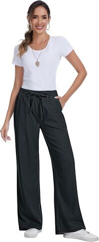 Women Wide Leg Jeans Lightweight Soft Baggy Drawstring Denim Pants Pull On Straight Leg Casual Summer Trousers in Kuwait