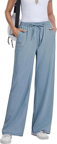 Women Wide Leg Jeans Lightweight Soft Baggy Drawstring Denim Pants Pull On Straight Leg Casual Summer Trousers in Kuwait