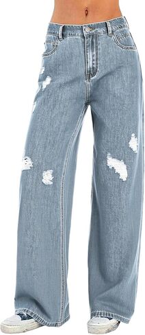 Women Wide Leg Jeans Lightweight Soft Baggy Drawstring Denim Pants Pull On Straight Leg Casual Summer Trousers in Kuwait