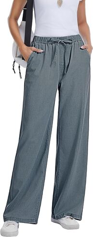 Women Wide Leg Jeans Lightweight Soft Baggy Drawstring Denim Pants Pull On Straight Leg Casual Summer Trousers in Kuwait