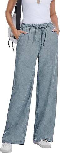 Women Wide Leg Jeans Lightweight Soft Baggy Drawstring Denim Pants Pull On Straight Leg Casual Summer Trousers in Kuwait