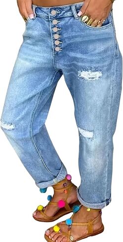 Women's Distressed Boyfriend Jeans Light Wash High Waisted Button Fly Relaxed Fit Straight Leg Denim Pants with Ripped Knee in Kuwait