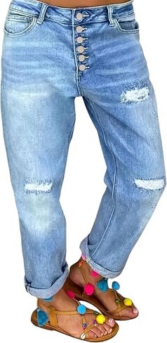 Women's Distressed Boyfriend Jeans Light Wash High Waisted Button Fly Relaxed Fit Straight Leg Denim Pants with Ripped Knee in Kuwait