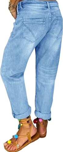 Women's Distressed Boyfriend Jeans Light Wash High Waisted Button Fly Relaxed Fit Straight Leg Denim Pants with Ripped Knee in Kuwait