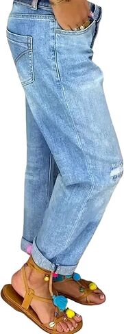 Women's Distressed Boyfriend Jeans Light Wash High Waisted Button Fly Relaxed Fit Straight Leg Denim Pants with Ripped Knee in Kuwait