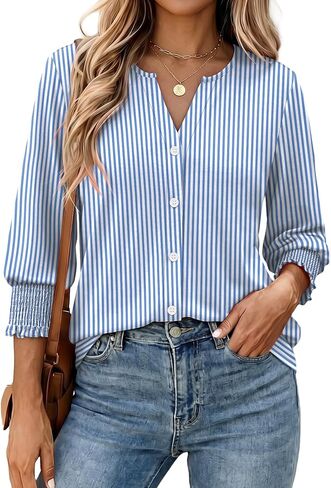 Women Blouses Button Down Shirts Dressy Business Casual 3/4 Length Sleeve Tops Summer Fall Fashion Clothing in Kuwait