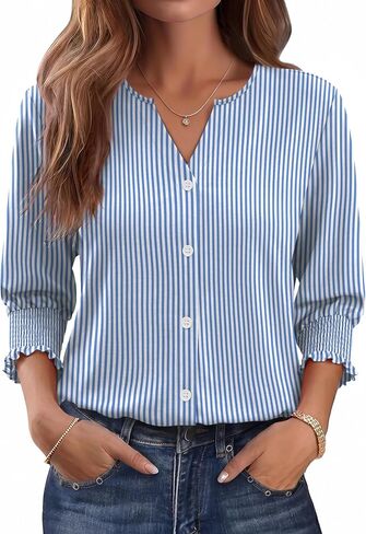 Women Blouses Button Down Shirts Dressy Business Casual 3/4 Length Sleeve Tops Summer Fall Fashion Clothing in Kuwait