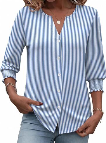 Women Blouses Button Down Shirts Dressy Business Casual 3/4 Length Sleeve Tops Summer Fall Fashion Clothing in Kuwait