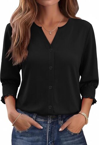 Women Blouses Button Down Shirts Dressy Business Casual 3/4 Length Sleeve Tops Summer Fall Fashion Clothing in Kuwait