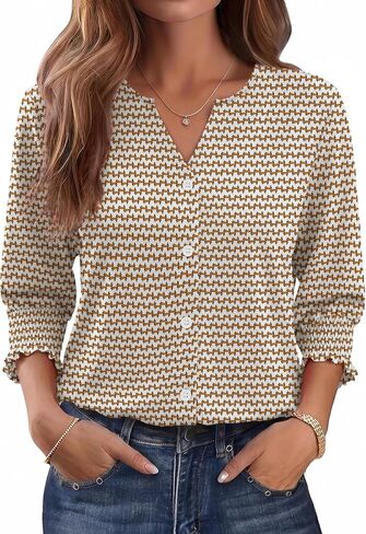 Women Blouses Button Down Shirts Dressy Business Casual 3/4 Length Sleeve Tops Summer Fall Fashion Clothing in Kuwait