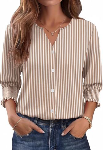 Women Blouses Button Down Shirts Dressy Business Casual 3/4 Length Sleeve Tops Summer Fall Fashion Clothing in Kuwait