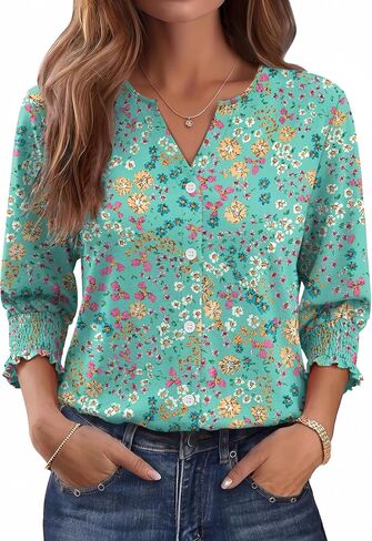 Women Blouses Button Down Shirts Dressy Business Casual 3/4 Length Sleeve Tops Summer Fall Fashion Clothing in Kuwait
