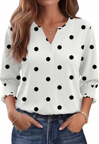 Women Blouses Button Down Shirts Dressy Business Casual 3/4 Length Sleeve Tops Summer Fall Fashion Clothing in Kuwait