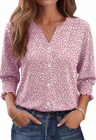 Women Blouses Button Down Shirts Dressy Business Casual 3/4 Length Sleeve Tops Summer Fall Fashion Clothing in Kuwait