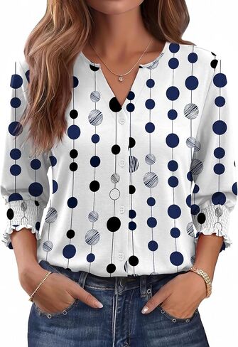 Women Blouses Button Down Shirts Dressy Business Casual 3/4 Length Sleeve Tops Summer Fall Fashion Clothing in Kuwait