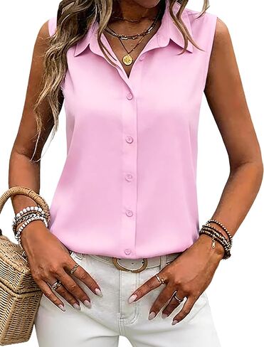 Womens Sleeveless Button Down Shirts Wrinkle Free Solid Business Casual Blouses for Women Office Work Tops in Saudi Arabia