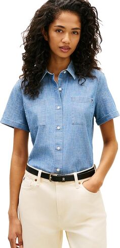 Tommy Hilfiger Women's Cotton Short Sleeve Button Down Shirt in Regular Fit in Kuwait