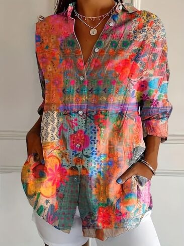 Button Down Shirts for Women Dressy Floral Printed Long Sleeve Blouse Business Casual Work Tops Hawaiian Shirts in Kuwait
